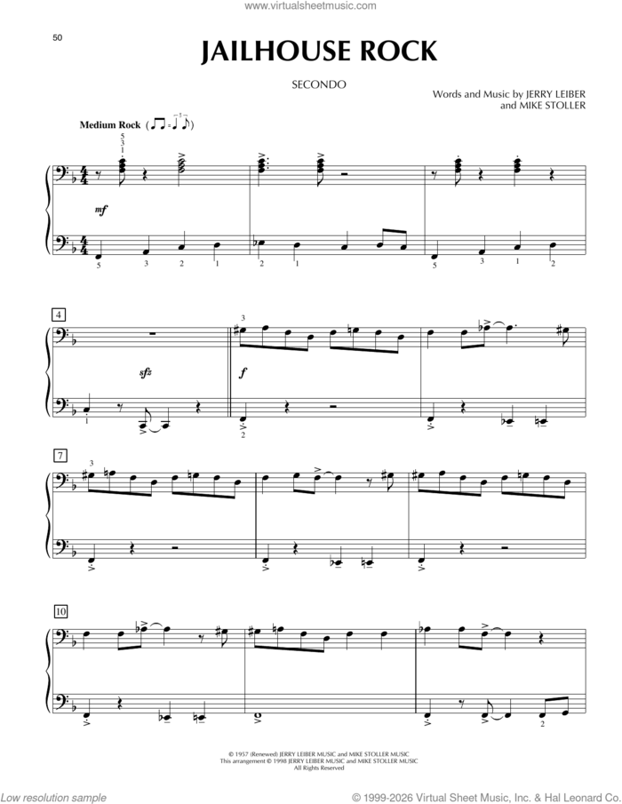 Jailhouse Rock sheet music for piano four hands by Elvis Presley, Jerry Leiber and Mike Stoller, intermediate skill level