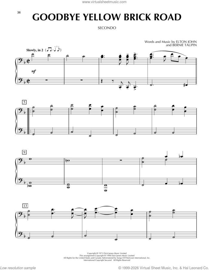Goodbye Yellow Brick Road sheet music for piano four hands by Elton John and Bernie Taupin, intermediate skill level