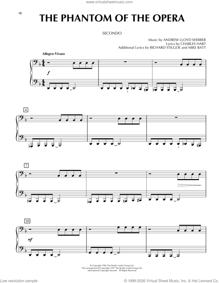 The Phantom Of The Opera sheet music for piano four hands by Charles Hart, Andrew Lloyd Webber, Mike Batt and Richard Stilgoe, intermediate skill level