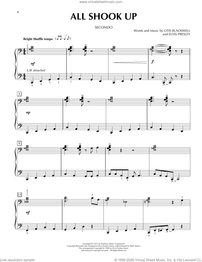 All Shook Up sheet music for piano four hands by Elvis Presley and Otis Blackwell, intermediate skill level