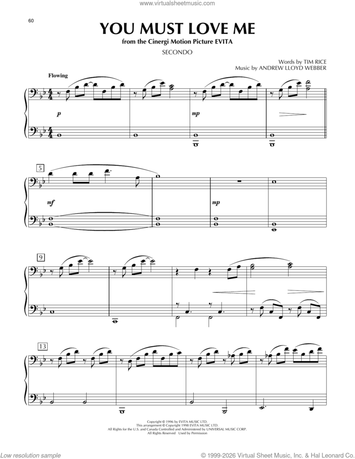 You Must Love Me (from Evita) sheet music for piano four hands by Madonna, Andrew Lloyd Webber and Tim Rice, intermediate skill level