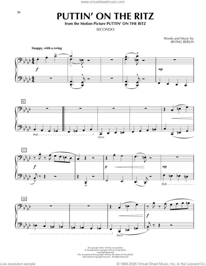 Puttin' On The Ritz sheet music for piano four hands by Taco and Irving Berlin, intermediate skill level
