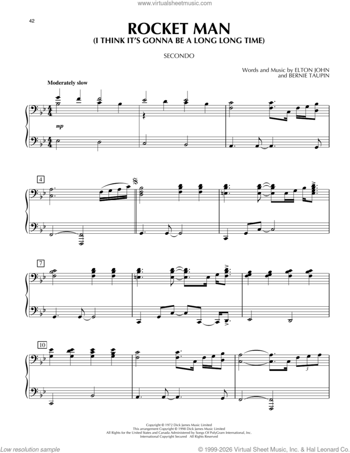 Rocket Man (I Think It's Gonna Be A Long Long Time) sheet music for piano four hands by Elton John and Bernie Taupin, intermediate skill level