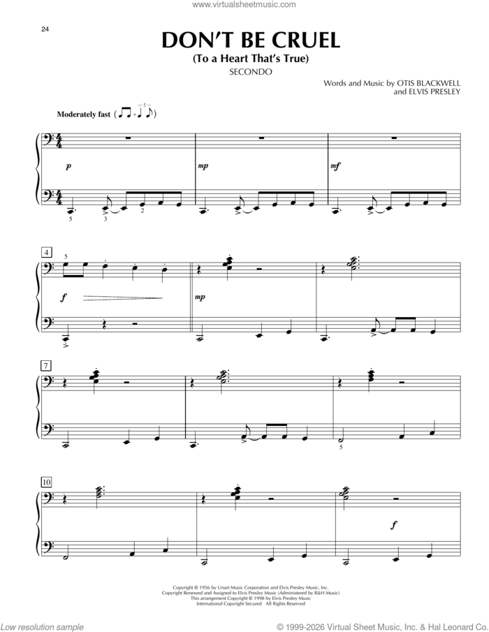 Don't Be Cruel (To A Heart That's True) sheet music for piano four hands by Elvis Presley, Cheap Trick and Otis Blackwell, intermediate skill level