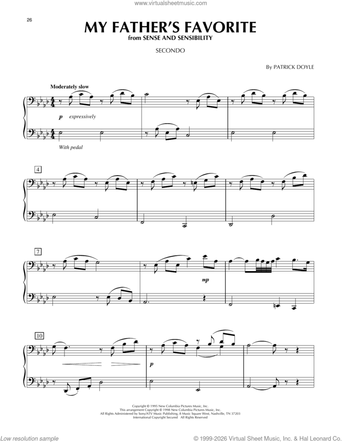 My Father's Favorite (from Sense and Sensibility) sheet music for piano four hands by Patrick Doyle, classical score, intermediate skill level