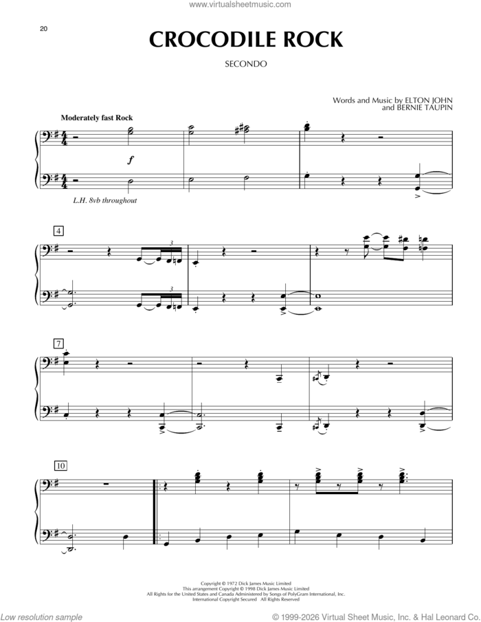 Crocodile Rock sheet music for piano four hands by Elton John and Bernie Taupin, intermediate skill level