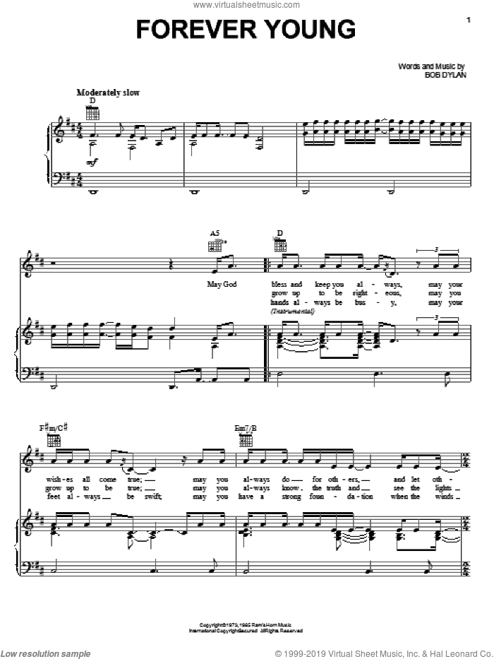 Forever Young sheet music for voice, piano or guitar by Bob Dylan, intermediate skill level