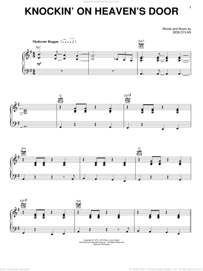 Knockin' On Heaven's Door sheet music for voice, piano or guitar by Bob Dylan and Eric Clapton, intermediate skill level