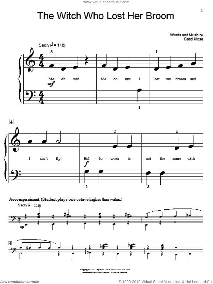 The Witch Who Lost Her Broom sheet music for piano solo (elementary) by Carol Klose, beginner piano (elementary)