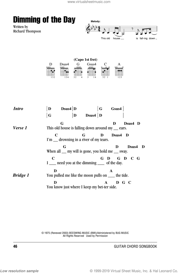 Dimming Of The Day sheet music for guitar (chords) by Bonnie Raitt and Richard Thompson, intermediate skill level