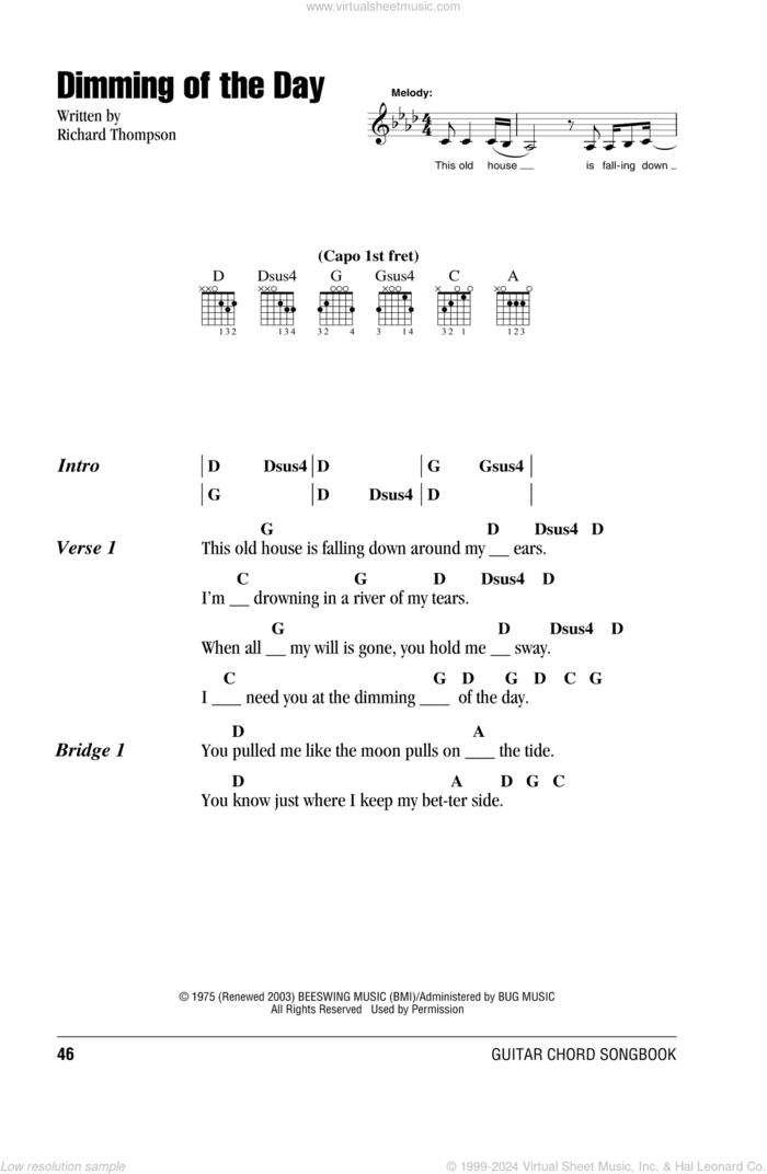 Dimming Of The Day sheet music for guitar (chords) by Bonnie Raitt and Richard Thompson, intermediate skill level