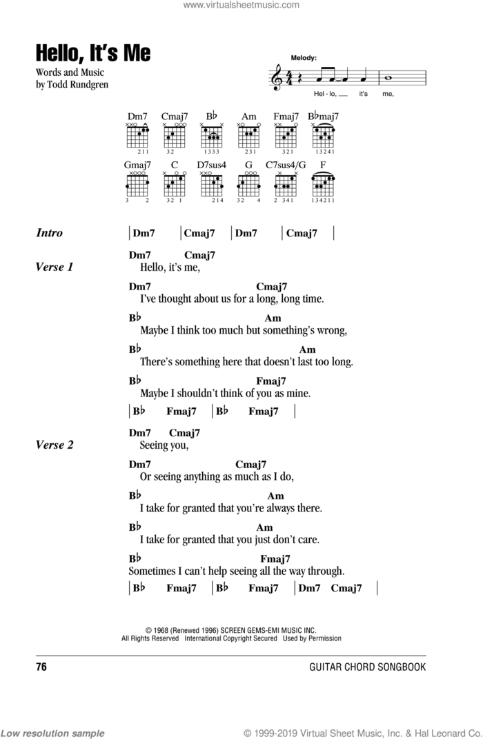Hello, It's Me sheet music for guitar (chords) by Todd Rundgren, intermediate skill level