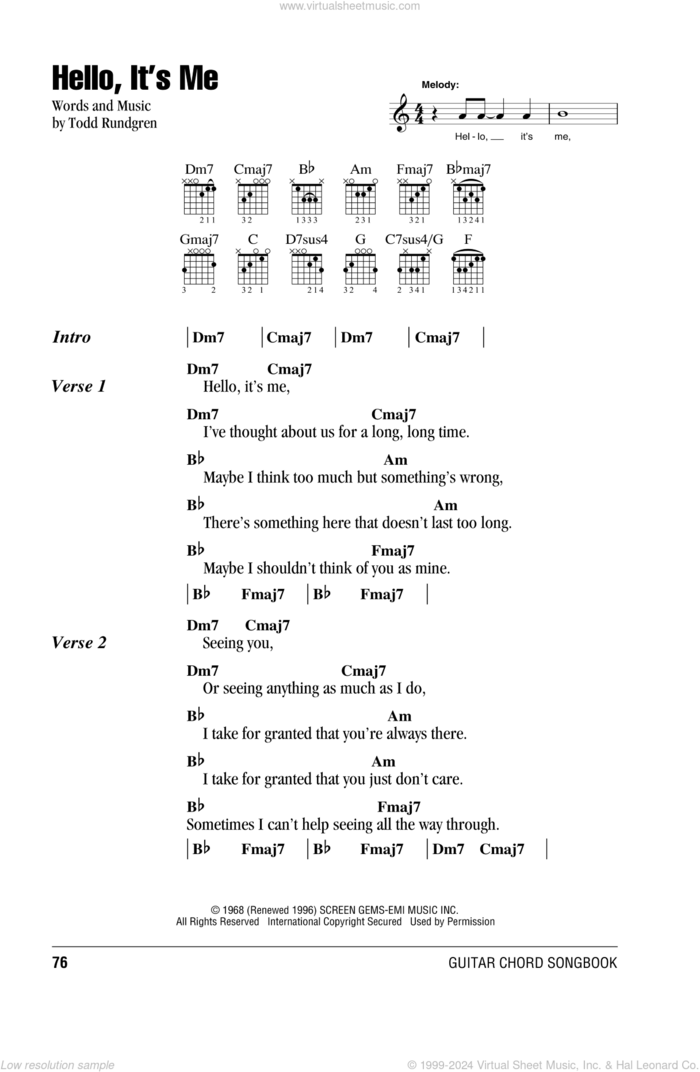 Hello, It's Me sheet music for guitar (chords) by Todd Rundgren, intermediate skill level