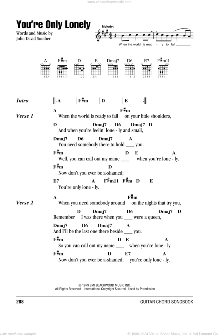 You're Only Lonely sheet music for guitar (chords) by John David Souther, intermediate skill level