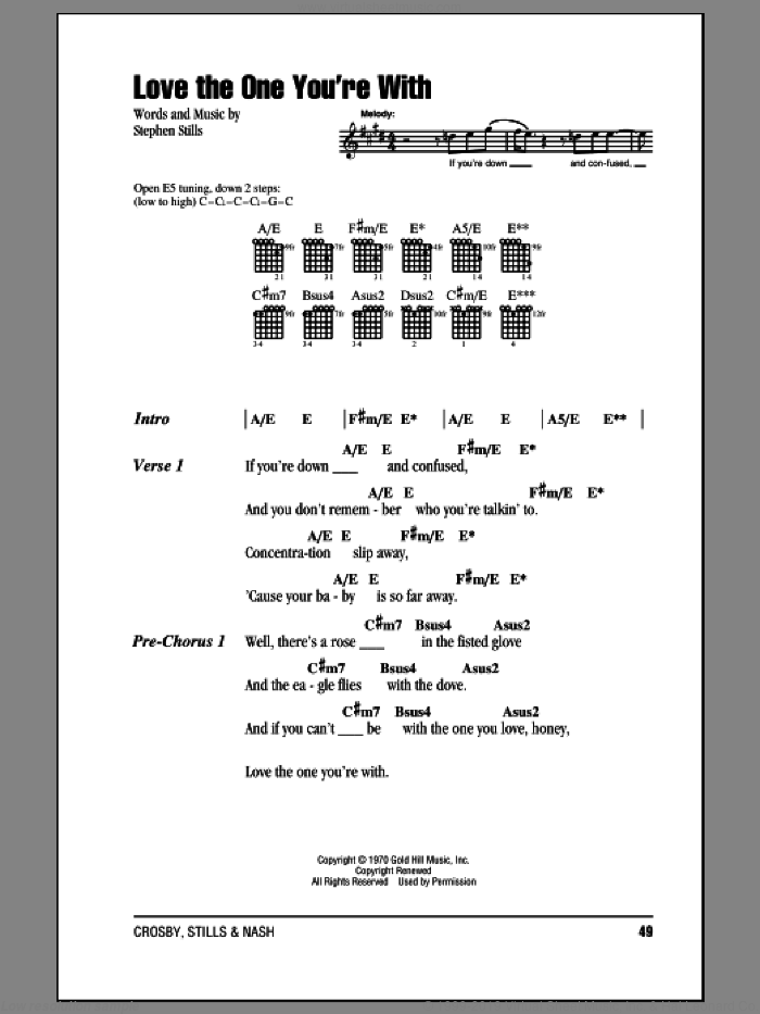 Love The One You're With sheet music for guitar (chords) by Crosby, Stills & Nash, The Isley Brothers and Stephen Stills, intermediate skill level