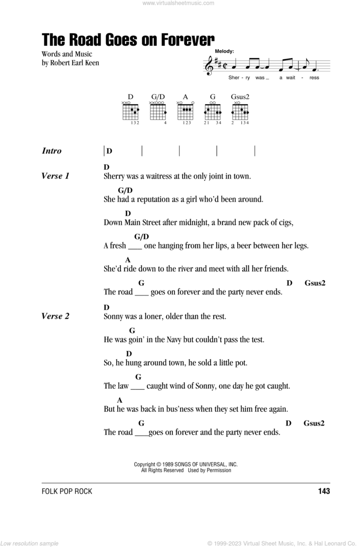 The Road Goes On Forever sheet music for guitar (chords) by Robert Earl Keen, intermediate skill level