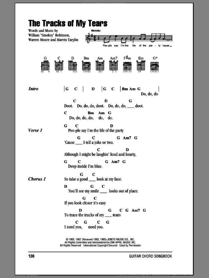 The Tracks Of My Tears sheet music for guitar (chords) by Smokey Robinson & The Miracles, Linda Ronstadt, Marvin Tarplin and Warren Moore, intermediate skill level
