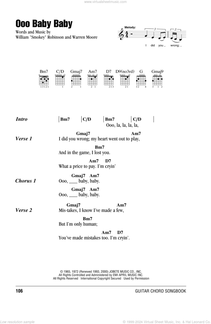 Ooo Baby Baby sheet music for guitar (chords) by Smokey Robinson & The Miracles, Linda Ronstadt and Warren Moore, intermediate skill level