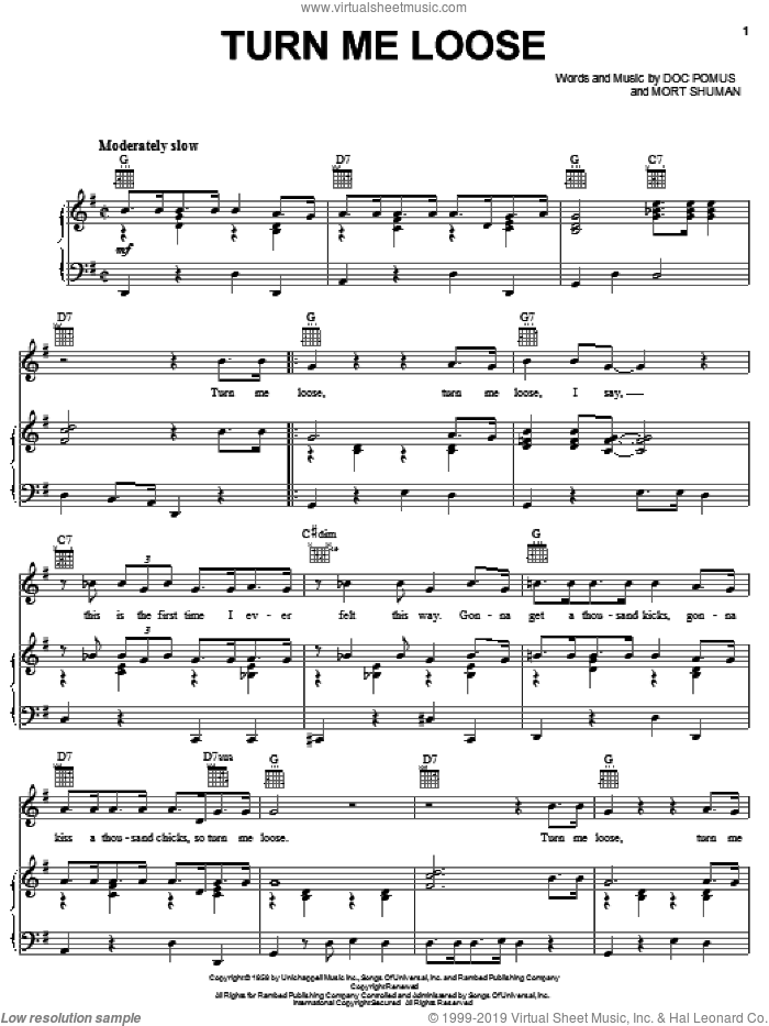 Turn Me Loose sheet music for voice, piano or guitar by Fabian, Doc Pomus, Jerome Pomus and Mort Shuman, intermediate skill level