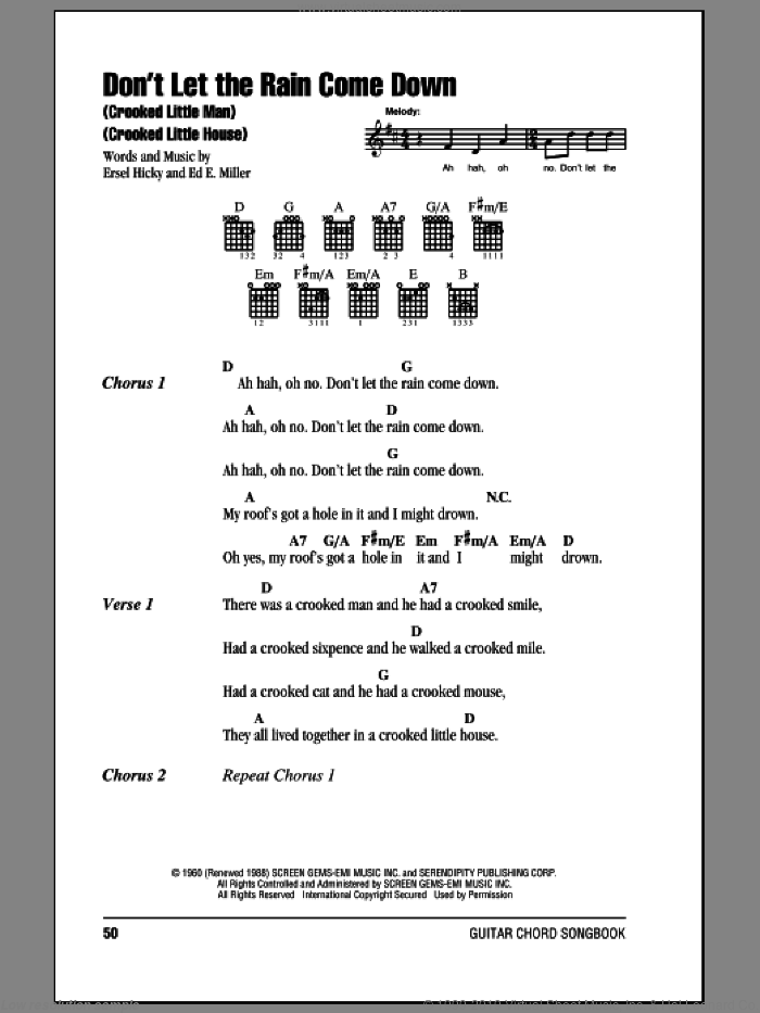 Don't Let The Rain Come Down (Crooked Little Man) (Crooked Little House) sheet music for guitar (chords) by Serendipity Singers, Ed. E. Miller and Ersel Hicky, intermediate skill level