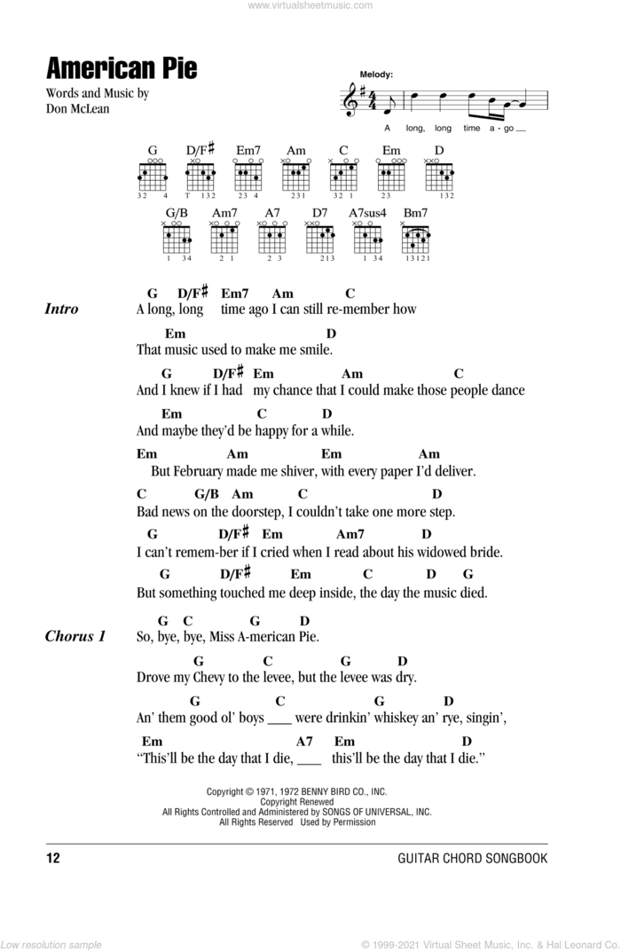 American Pie sheet music for guitar (chords) by Don McLean, intermediate skill level
