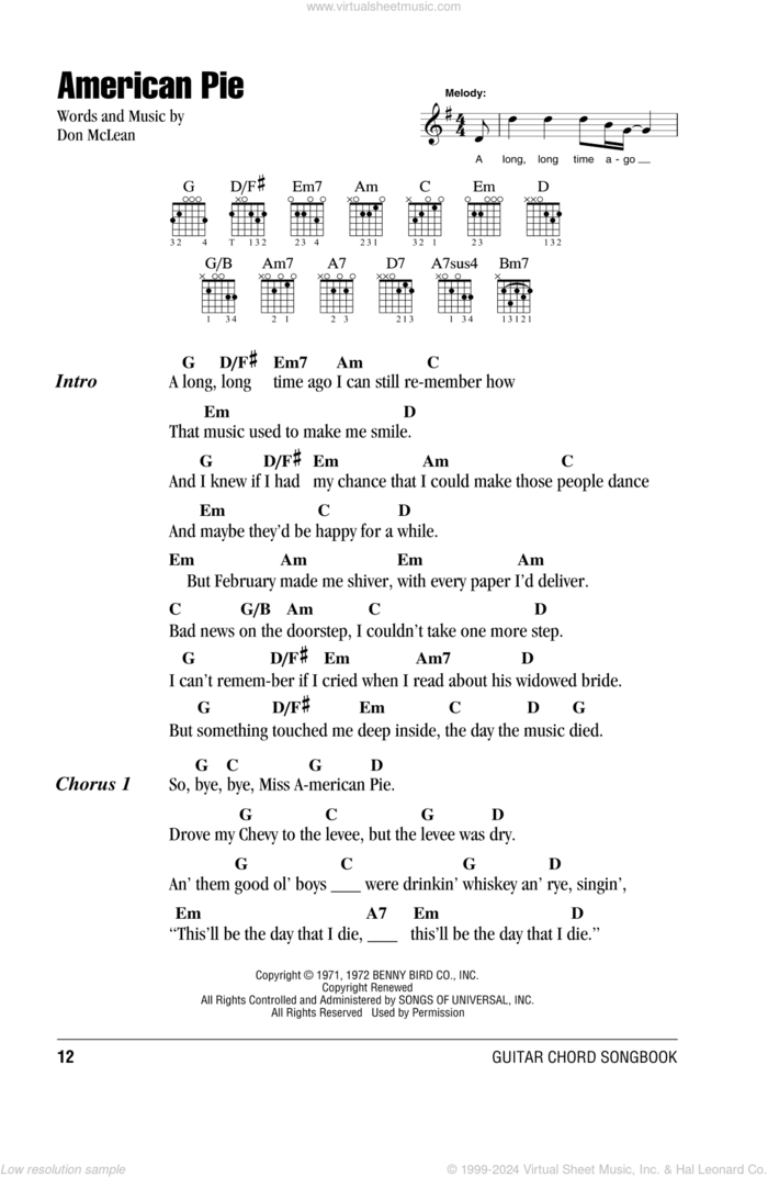 American Pie sheet music for guitar (chords) by Don McLean, intermediate skill level