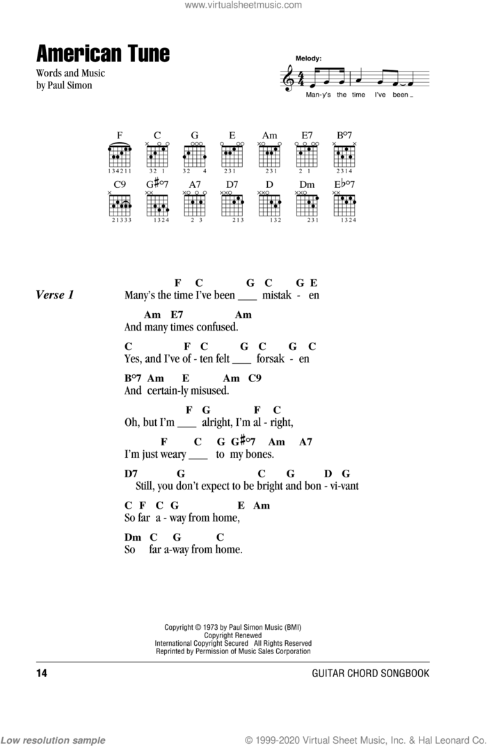 American Tune sheet music for guitar (chords) by Paul Simon, intermediate skill level