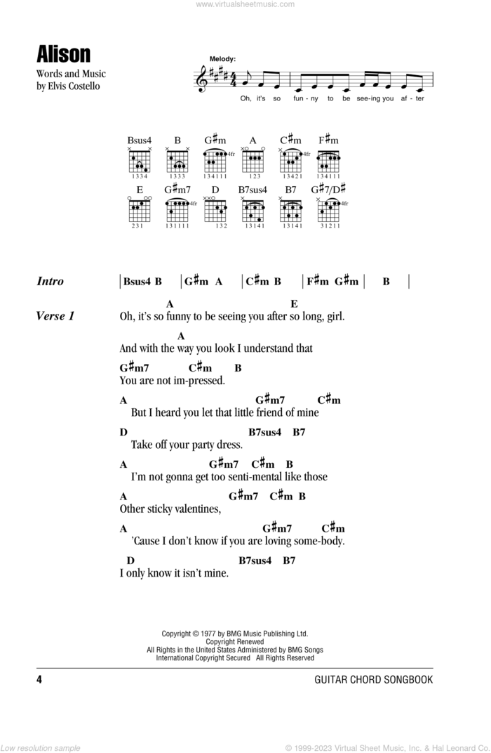 Alison sheet music for guitar (chords) by Elvis Costello, intermediate skill level