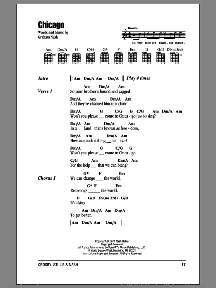 Chicago sheet music for guitar (chords) by Crosby, Stills & Nash and Graham Nash, intermediate skill level