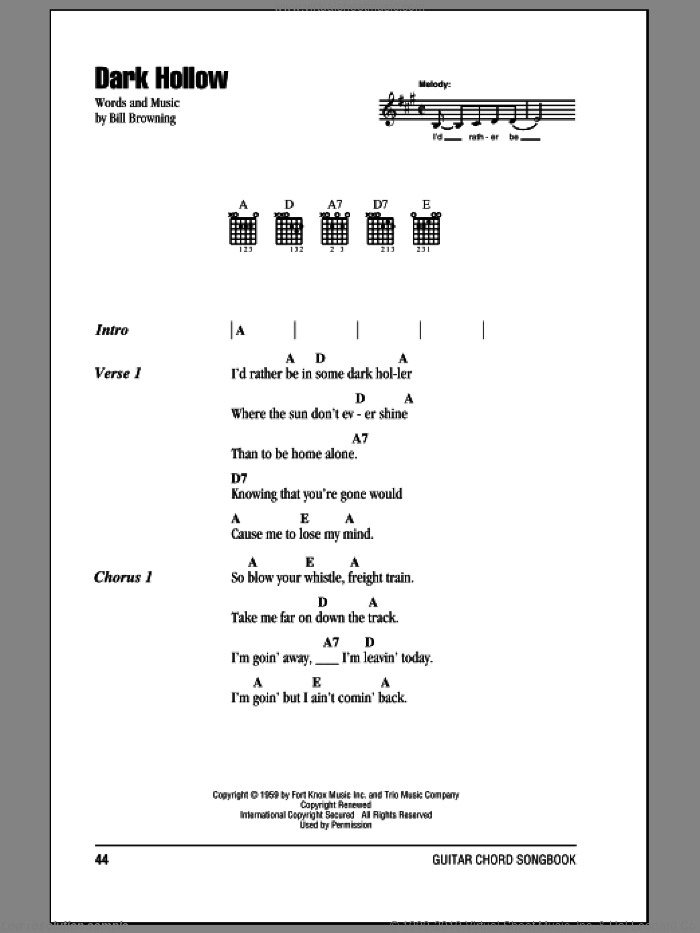 Dark Hollow sheet music for guitar (chords) by Grateful Dead and Bill Browning, intermediate skill level