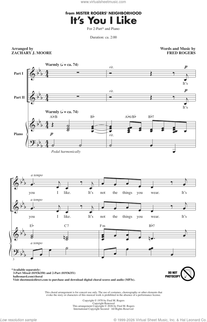 It's You I Like (arr. Zachary J. Moore) sheet music for choir (2-Part) by Fred Rogers and Zachary J. Moore, intermediate duet