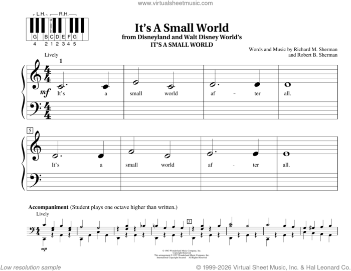 It's A Small World sheet music for piano solo (elementary) by Richard M. Sherman, Fred Kern, Mona Rejino, Phillip Keveren, Robert B. Sherman and Sherman Brothers, beginner piano (elementary)