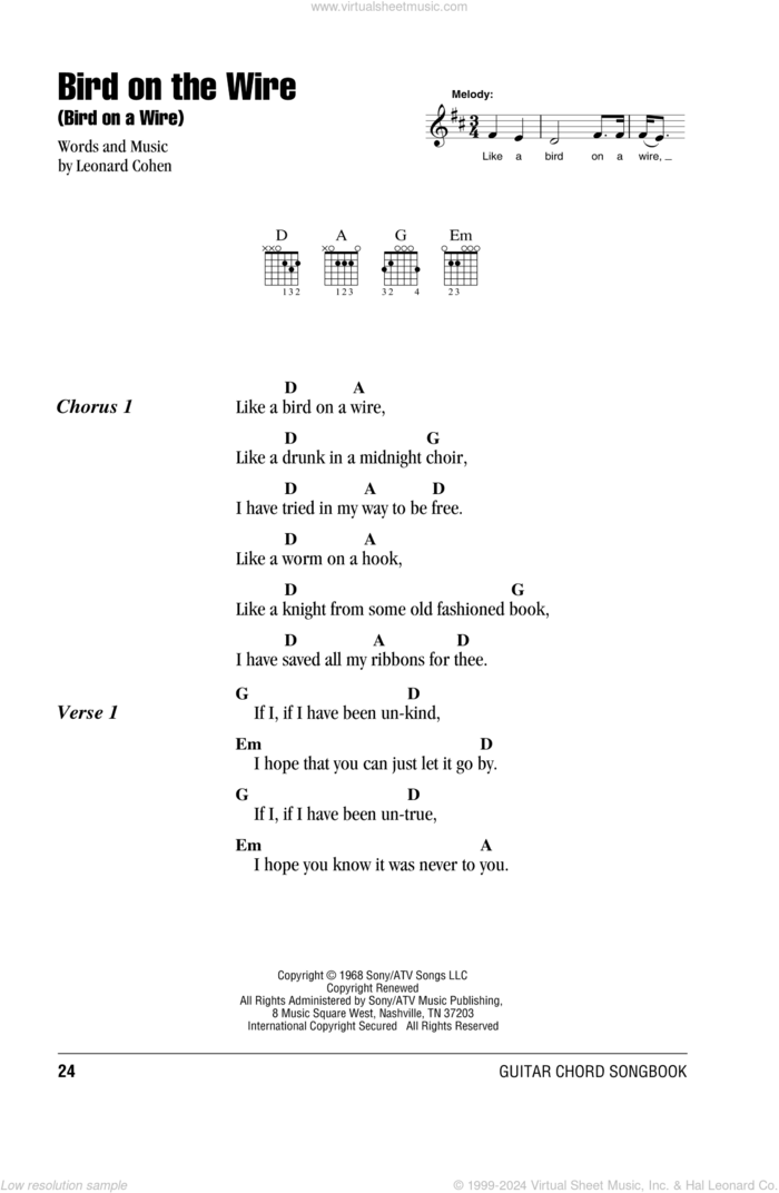 Bird On The Wire (Bird On A Wire) sheet music for guitar (chords) by Leonard Cohen, intermediate skill level