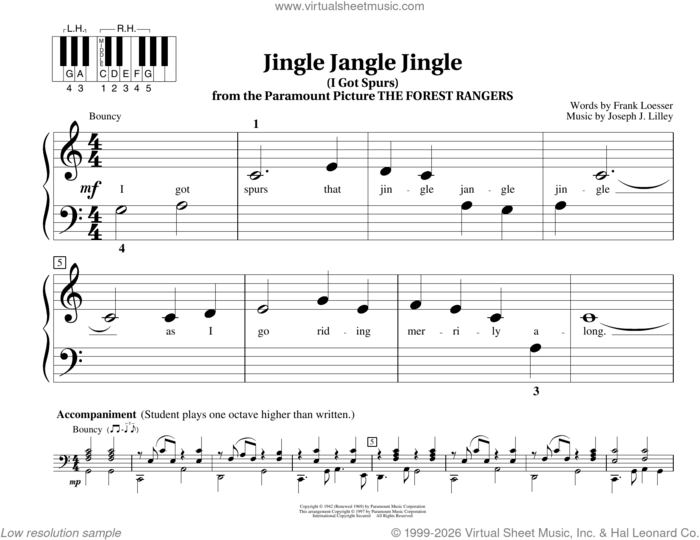 Jingle Jangle Jingle (I Got Spurs) sheet music for piano solo (elementary) by Frank Loesser, Fred Kern, Mona Rejino, Phillip Keveren and Joseph J. Lilley, beginner piano (elementary)