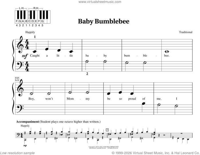 Baby Bumblebee sheet music for piano solo (elementary) , Fred Kern, Mona Rejino and Phillip Keveren, beginner piano (elementary)