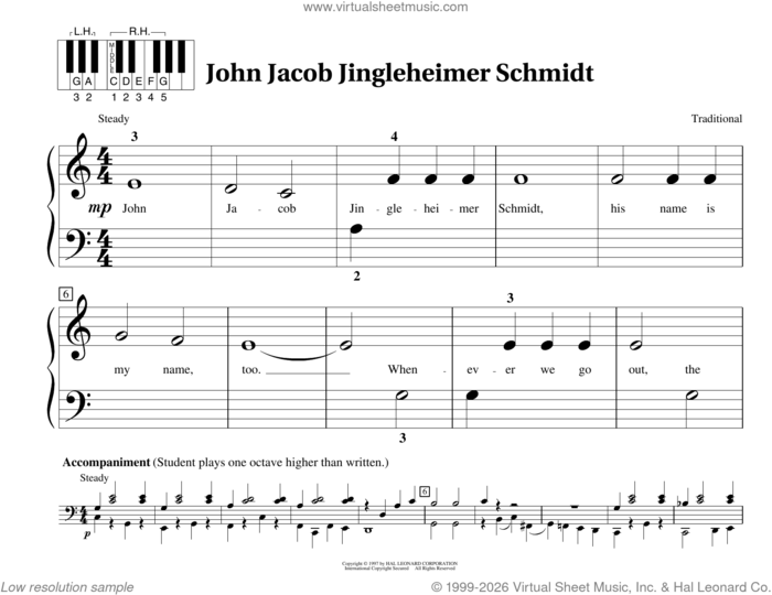 John Jacob Jingleheimer Schmidt sheet music for piano solo (elementary) , Fred Kern, Mona Rejino and Phillip Keveren, beginner piano (elementary)