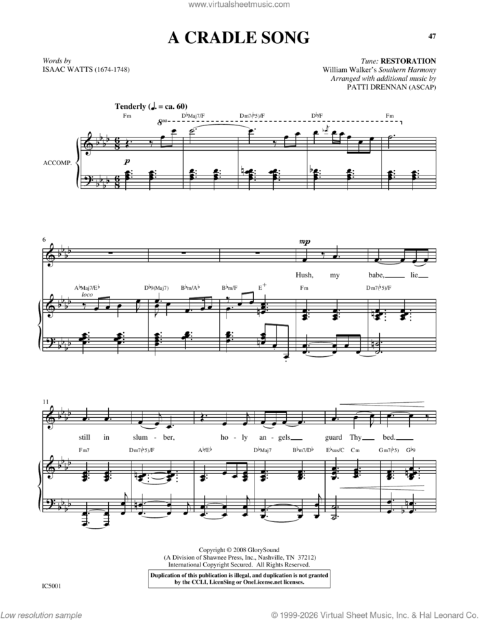 A Cradle Song sheet music for voice and piano by Patti Drennan and Isaac Watts, intermediate skill level