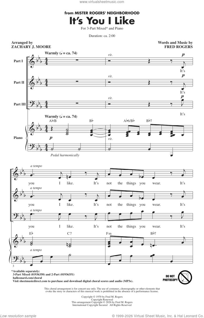 It's You I Like (arr. Zachary J. Moore) sheet music for choir (3-Part Mixed) by Fred Rogers and Zachary J. Moore, intermediate skill level