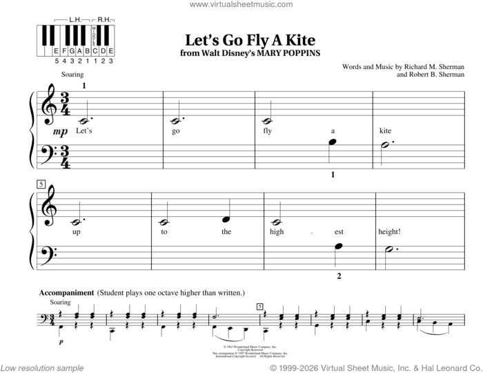 Let's Go Fly A Kite sheet music for piano solo (elementary) by Richard M. Sherman, Fred Kern, Mona Rejino, Phillip Keveren, Robert B. Sherman and Sherman Brothers, beginner piano (elementary)