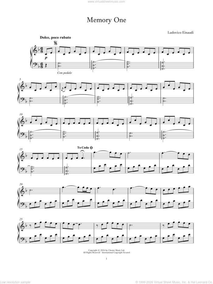 Memory One sheet music for piano solo by Ludovico Einaudi, classical score, intermediate skill level