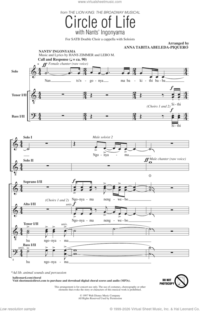 Circle Of Life with Nants' Ingonyama sheet music for choir (SATB, Double ) by Elton John, Hans Zimmer, Lebo M. and Tim Rice, intermediate skill level