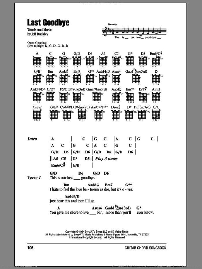 Last Goodbye sheet music for guitar (chords) by Jeff Buckley, intermediate skill level