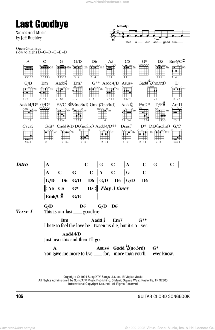 Last Goodbye sheet music for guitar (chords) by Jeff Buckley, intermediate skill level