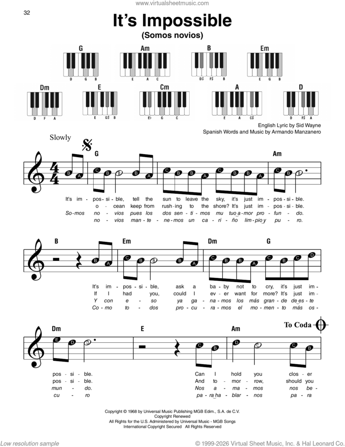 It's Impossible (Somos Novios) sheet music for piano solo by Sid Wayne, Elvis Presley, Perry Como and Armando Manzanero, beginner skill level