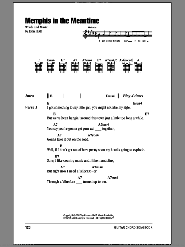 Memphis In The Meantime sheet music for guitar (chords) by John Hiatt, intermediate skill level