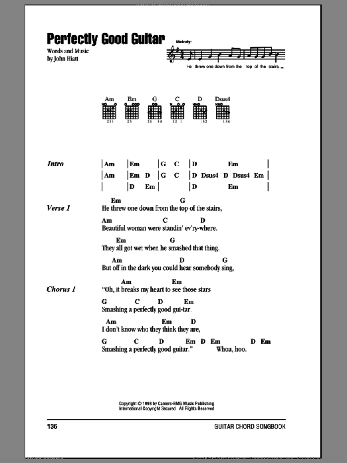 Perfectly Good Guitar sheet music for guitar (chords) by John Hiatt, intermediate skill level