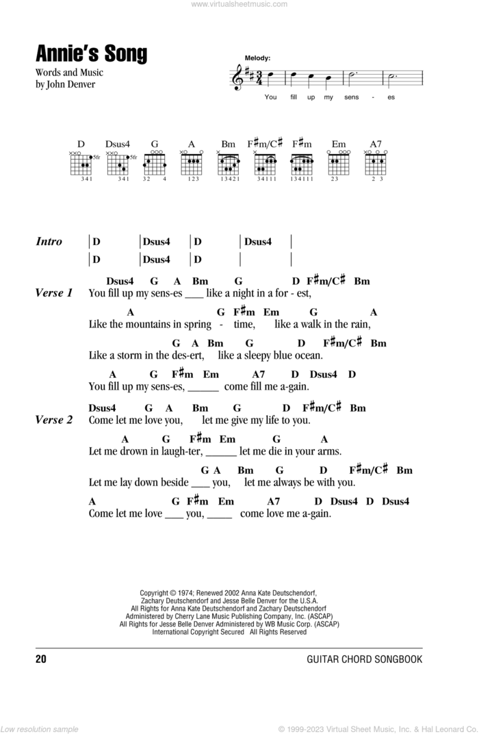 Annie's Song sheet music for guitar (chords) by John Denver, intermediate skill level