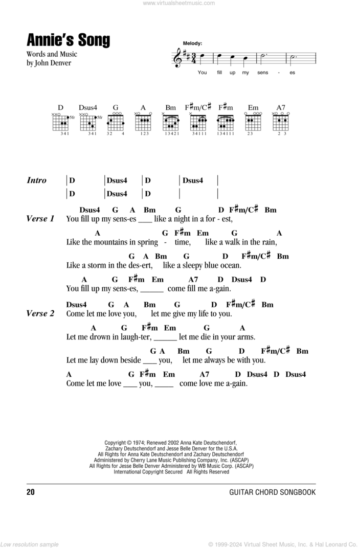 Annie's Song sheet music for guitar (chords) by John Denver, intermediate skill level