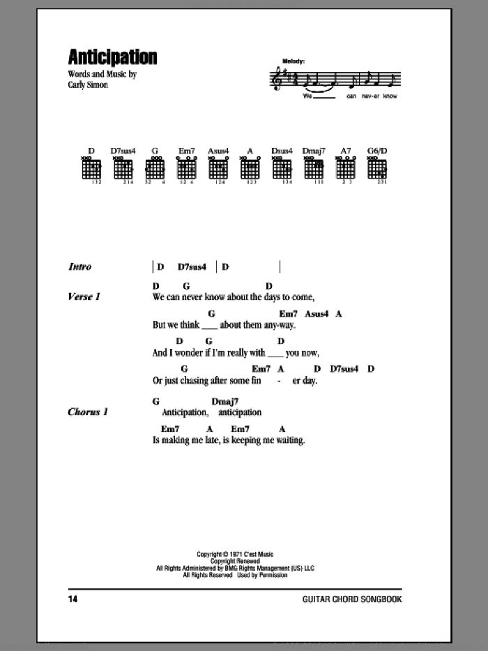 Anticipation sheet music for guitar (chords) by Carly Simon, intermediate skill level