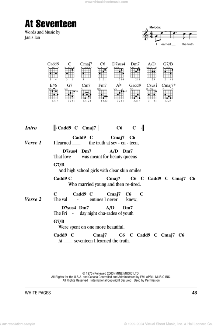 At Seventeen sheet music for guitar (chords) by Janis Ian, intermediate skill level